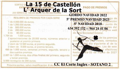Reverso del d&eacute;cimo 04350 con el sello de la Administraci&oacute;n n&ordm; 15 &laquo;L'Arquer de la Sort&raquo;, en Castell&oacute;n de la Plana